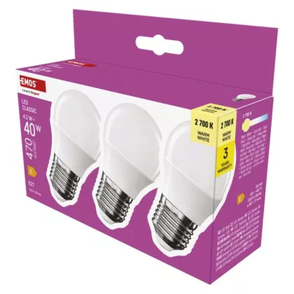 EMOS ZQ6E21.3 LED izzó Classic Mini Globe / E27 / 4,2 W (40 W) / 470 lm / Meleg fehér