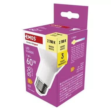EMOS ZQ7E41 LED izzó Classic R63 / E27 / 7 W (60 W) / 806 lm / Meleg fehér EMOS ZQ7E41 LED izzó Classic R63 / E27 / 7 W (60 W) / 806 lm / Meleg fehér