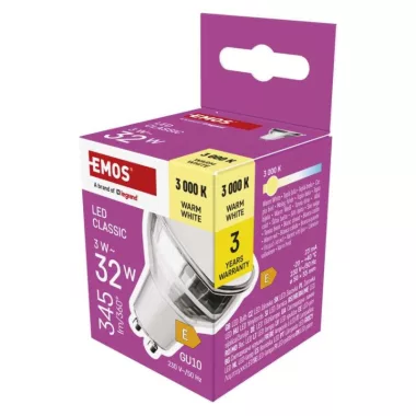EMOS ZQ8E17 LED izzó Classic MR16 ezüst/ GU10 / 3 W (32 W) / 345 lm / Meleg fehér
