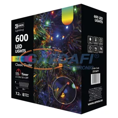 EMOS ZY2187T karácsonyi fényfüzér színes 12M, 600LED, IP44, időzítős kivitel