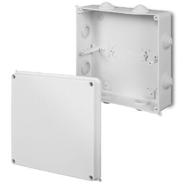 ELEKTRO-PLAST EP-0231-04 kötődoboz, 8 kúpos kábelbevezetővel, csavaros fedéllel, 196x196x78mm, szürke, IP55