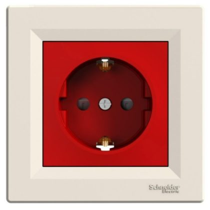   SCHNEIDER EPH2900523 ASFORA 2P + F socket with child protection, red insert, screw, with frame, beige