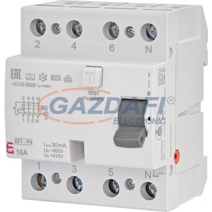   ETI 002061510 EFI-P4 A 16A 30mA áram-védőkapcsoló, 4p, váltóáramú és pulzáló, azonnali kioldású