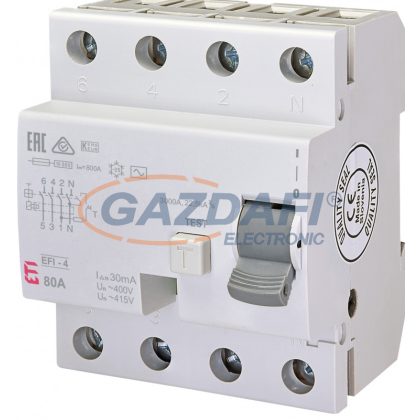  ETI 002062145 EFI-4AC 80A 30mA áram-védőkapcsoló, 4p, csak váltóáramú hibaáramot érzékelő, azonali kioldású
