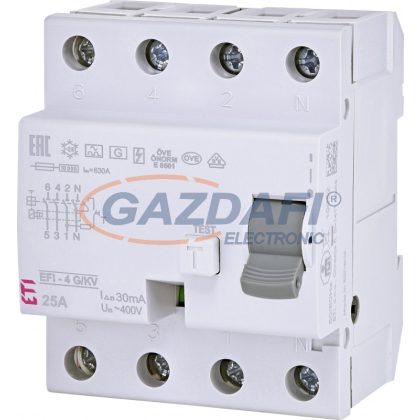   ETI 002062747 EFI-4 A G/K 25A 30mA áram-védőkapcsoló, 4p, váltó és pulzáló hibaáramot érzékelő, rövid késleltetésű