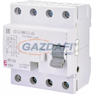 ETI 002063642 EFI-4B 25A 100mA áram-védőkapcsoló, 4p, váltó, pulzáló, egyen és nagy frekvenciás (1kHz) hibaáramot érzékelő, azonali kioldású (Fi-relé)