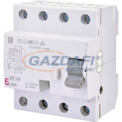   ETI 002063642 EFI-4B 25A 100mA áram-védőkapcsoló, 4p, váltó, pulzáló, egyen és nagy frekvenciás (1kHz) hibaáramot érzékelő, azonali kioldású (Fi-relé)