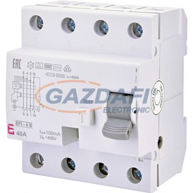 ETI 002063643 EFI-4B 40A 100mA áram-védőkapcsoló, 4p, váltó, pulzáló, egyen és nagy frekvenciás (1kHz) hibaáramot érzékelő, azonali kioldású (Fi-relé)