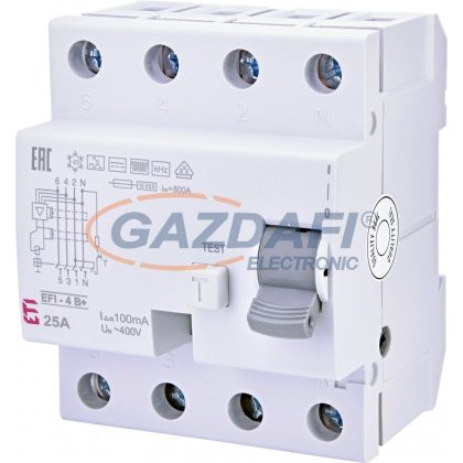   ETI 002063647 EFI-4B+  25A 100mA áram-védőkapcsoló, 4p, váltó, pulzáló, egyen és nagy frekvenciás (20kHz) hibaáramot érzékelő, azonali kioldású (Fi-relé)