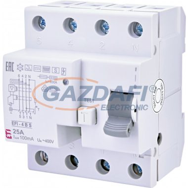 ETI 002063662 EFI-4 B S 25A 100mA áram-védőkapcsoló, 4p, váltó, pulzáló, egyen és nagy frekvenciás (1kHz) hibaáramot érzékelő, késleltetett kioldású (Fi-relé)