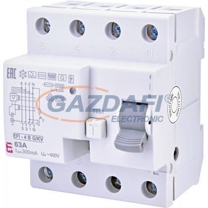   ETI 002064654 EFI-4 B G/KV 63A 300mA áram-védőkapcsoló, 4p, váltó, pulzáló, egyen és nagy frekvenciás (1kHz) hibaáramot érzékelő, rövid késleltetésű (Fi-relé)