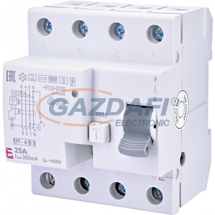   ETI 002064662 EFI-4 B S 25A 300mA áram-védőkapcsoló, 4p, váltó, pulzáló, egyen és nagy frekvenciás (1kHz) hibaáramot érzékelő, késleltetett kioldású (Fi-relé)