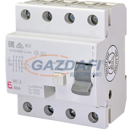   ETI 002065545 EFI-4A 80A 500mA áram-védőkapcsoló, 4p, váltóáramú és pulzáló hibaáramot érzékelő, azonali kioldású (Fi-relé)
