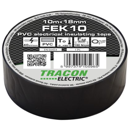   TRACON FEK10 Szigetelőszalag, fekete 10m×18mm, PVC, 0-90°C, 40kV/mm