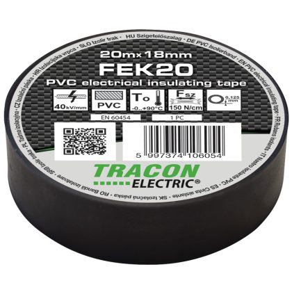   TRACON FEK20 Szigetelőszalag, fekete 20m×18mm, PVC, 0-90°C, 40kV/mm