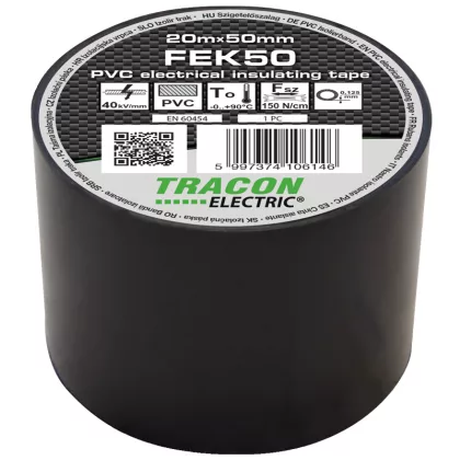   TRACON FEK50 Szigetelőszalag, fekete 20m×50mm, PVC, 0-90°C, 40kV/mm