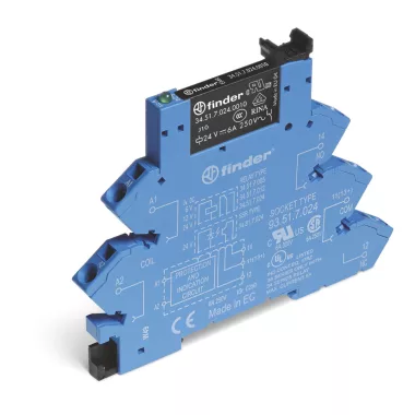 FINDER 386170244050 Csatoló relé modul húzórugós csatlakozással, 1 váltóérintkező 6 A, érintkező anyag: AgSnO₂, vezérlőfeszültség: 24 V DC