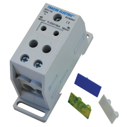   TRACON FLS50/16X4 Fővezetéki leágazó sorkapocs, sínre szerelhető 1×50mm2 / 4×16mm2, 400VAC, 150A, MULTICOLOR