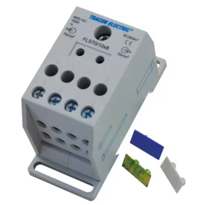   TRACON FLS70/10X8 Fővezetéki leágazó sorkapocs, sínre szerelhető 1×70mm2 / 8×10mm2, 400VAC, 192A, MULTICOLOR
