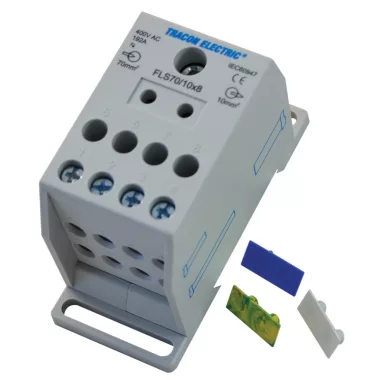 TRACON FLS70/10X8 Fővezetéki leágazó sorkapocs, sínre szerelhető 1×70mm2 / 8×10mm2, 400VAC, 192A, MULTICOLOR