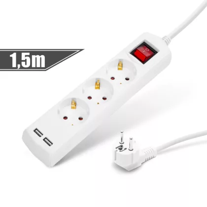   20221U Elosztó 3-as - 3 x 1,5 mm - 1,5 m - 2 x USB-vel - kapcsolós