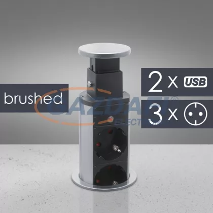   20430BU Rejtett elosztó 3-as + 2 USB, szálcsiszolt, 250 V, 16A, 3 x 1,5 mm²