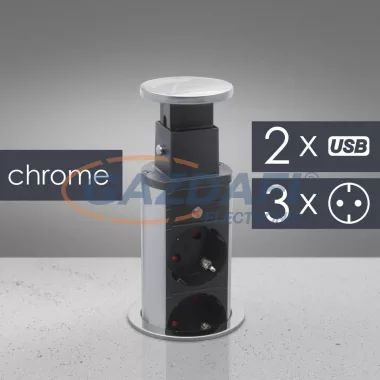 20430CU Rejtett elosztó 3-as + 2 USB, króm, 250 V, 16A, 3 x 1,5 mm²