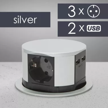 20433 rejtett elosztó 3-as + 2 USB, ezüst, 230 V, 16A, 3 x 1,5 mm²