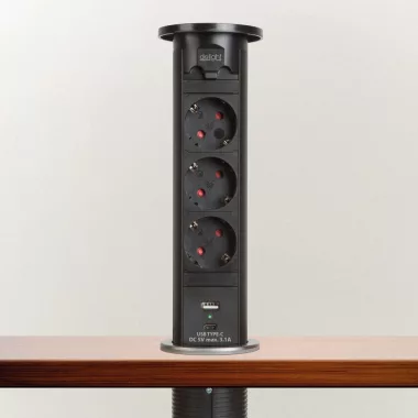 DELIGHT 20451B Motoros rejtett elosztó 3-as + 2 USB, fekete, 230V AC (50 Hz), 16 A, 3 x 1,5 mm² C19 DELIGHT 20451B Motoros rejtett elosztó 3-as + 2 USB, fekete, 230V AC (50 Hz), 16 A, 3 x 1,5 mm² C19