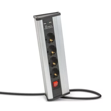 20484S Sarokelosztó - kapcsolóval - 4 x 250V, 16A, 2 x USB - alumínium ház
