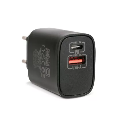   DELIGHT 55041BK Hálózati Adapter USB + Type-C PD20W gyorstöltéssel - fekete
