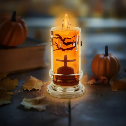 FAMILY 56567A Halloween-i LED gyertya dekoráció - sírkő - narancs LED - 3 x LR1130 - 5 x 5 x 10 cm FAMILY 56567A Halloween-i LED gyertya dekoráció - sírkő - narancs LED - 3 x LR1130 - 5 x 5 x 10 cm