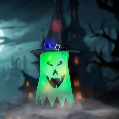 FAMILY 56569E Halloween-i LED dekor - szellem - zöld - 10 színes LED - akasztható - 2 x 2032 - 75 x 35 cm