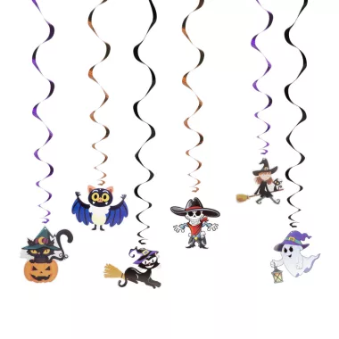 58171 Halloween-i dekoráció szett - 6 féle motívum - csillogó spirál akasztóval 58171 Halloween-i dekoráció szett - 6 féle motívum - csillogó spirál akasztóval