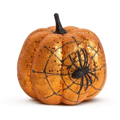 58179A Halloween-i tök dekoráció - narancs glitteres - pókhálóval - 15 cm 58179A Halloween-i tök dekoráció - narancs glitteres - pókhálóval - 15 cm