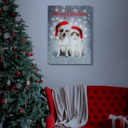   Family Christmas 58452 LED-es fali kép - kutya, macska - 20 hidegfehér LED - 30 x 40 cm