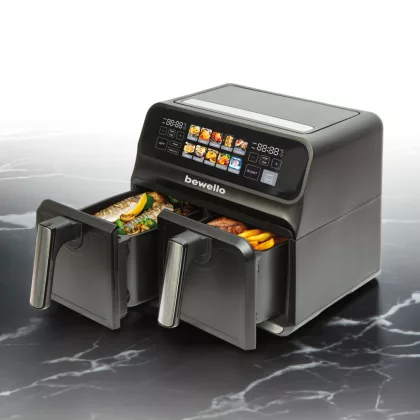   BEWELLO BW1002D Olaj nélküli fritőz - XXL - 230V - 2200W - dupla kosár, színes érintőkijelző - 4+4 L