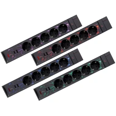 GAO 0012528512 Asztali elosztó "GAMER" 5-ös, 3x1.5, 1.4m 2xUSB fekete, színes háttérvilágítással