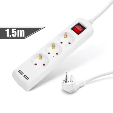 DELIGHT 20221U Elosztó 3-as - 3 x 1,5 mm - 1,5 m - 2 x USB-vel - kapcsolós DELIGHT 20221U Elosztó 3-as - 3 x 1,5 mm - 1,5 m - 2 x USB-vel - kapcsolós