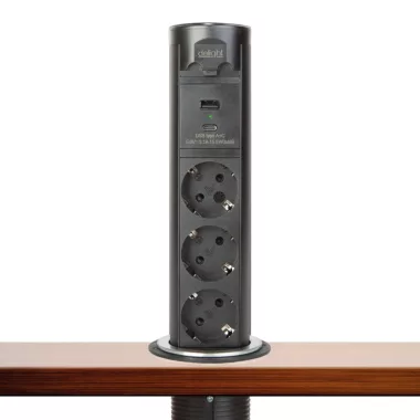DELIGHT 20453B Motoros rejtett elosztó - "Touchcontrol" - 3-as + USB + Type-C - fekete
