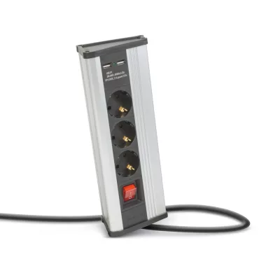 DELIGHT 20483S Sarokelosztó - kapcsolós - 3 x 250V, 16A - 2 x USB, 2,1A - alumínium ház DELIGHT 20483S Sarokelosztó - kapcsolós - 3 x 250V, 16A - 2 x USB, 2,1A - alumínium ház