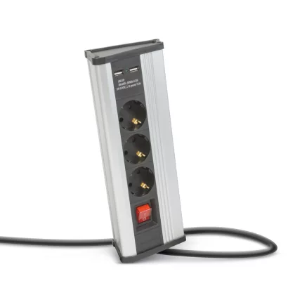 DELIGHT 20483S Sarokelosztó - kapcsolós - 3 x 250V, 16A - 2 x USB, 2,1A - alumínium ház DELIGHT 20483S Sarokelosztó - kapcsolós - 3 x 250V, 16A - 2 x USB, 2,1A - alumínium ház