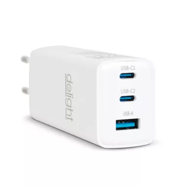 DELIGHT 55042 Hálózati Adapter - USB-A 20W + Type-C PD45W gyorstöltéssel - fehér