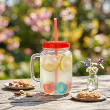 GLOBIZ 57160P Szívószálas pohár - piros - 4 db hűthető jégkockával, 550ml,  17 x 7.5 x 13.5 cm