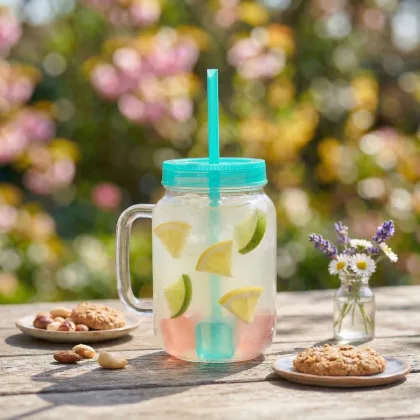 GLOBIZ 57160R Szívószálas pohár - zöld - 4 db hűthető jégkockával, 550ml,  17 x 7.5 x 13.5