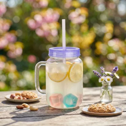   GLOBIZ 57160S Szívószálas pohár - lila - 4 db hűthető jégkockával, 550ml,  17 x 7.5 x 13.5 cm