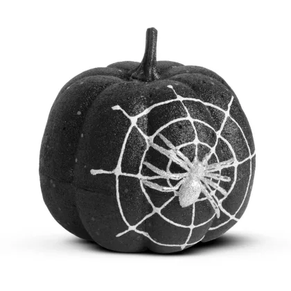 FAMILY 58179B Halloween-i tök dekoráció - fekete glitteres - pókhálóval - 15 cm FAMILY 58179B Halloween-i tök dekoráció - fekete glitteres - pókhálóval - 15 cm