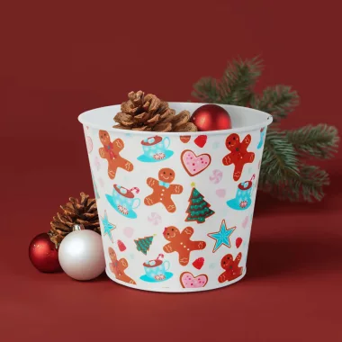 GLOBIZ 59733A Karácsonyi dekoráció - fém kaspó, vödör - mézeskalács - 13 x 11 cm