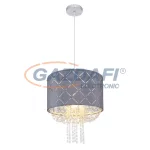   GLOBO 15228H3 KIDAL Függeszték fém króm függesztő száron, szürke-ezüst bevágásokkal dekorált textil búrával, akril-kristály gyöngyökkel. Ø:350, H:1500, exkl. 1xE27 40W 230V