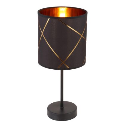   GLOBO 15431T BEMMO Asztali lámpa fém fekete alaplap, fekete-arany szövet búra bemetszésekkel dekorálva. A kábel fekete színű textil. Ø:150, H:350, exkl. 1xE14 25W 230V